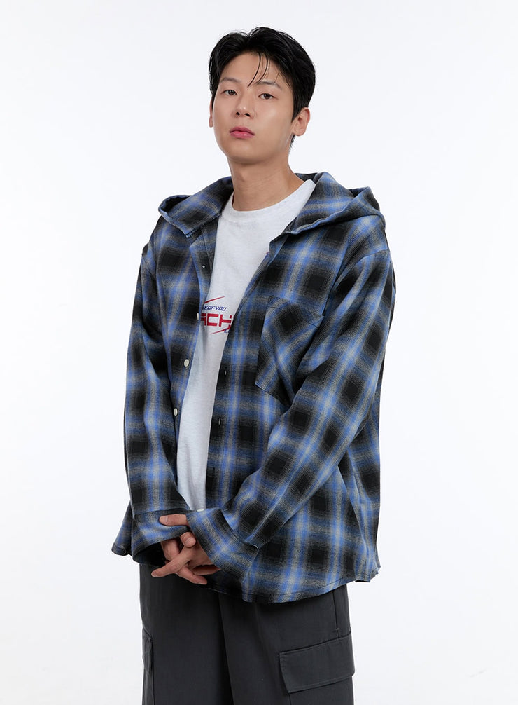 mens-checkered-hooded-cotton-shirt-ig428 / Blue