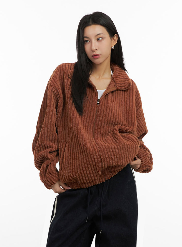 ribbed-fuzzy-oversized-zip-up-ij503 / brown