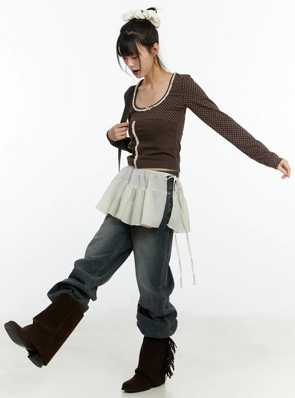 u-neck-polka-dot-lace-long-sleeve-top-cf509 / Brown