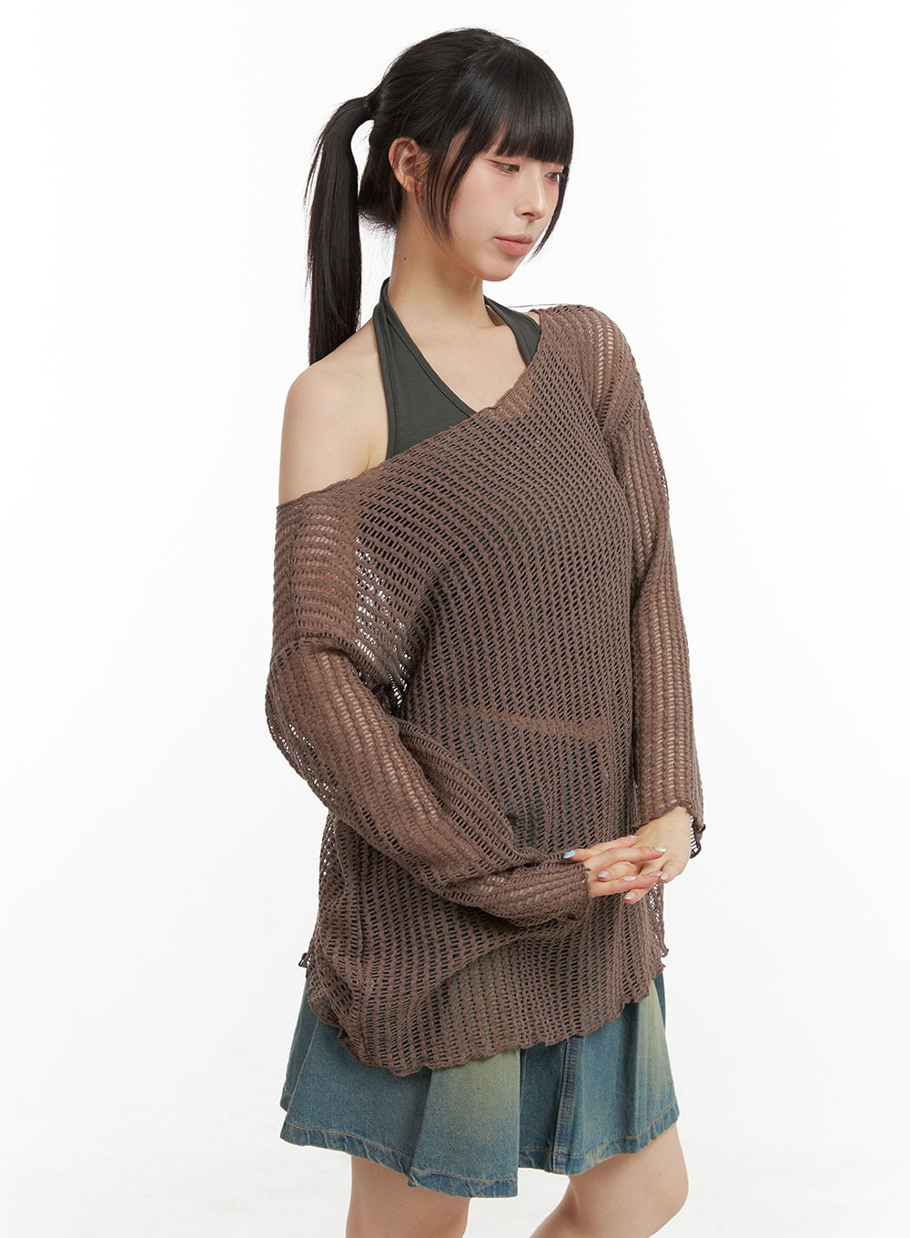 oversize-hollow-out-one-shoulder-knit-sweater-cl422 / Brown