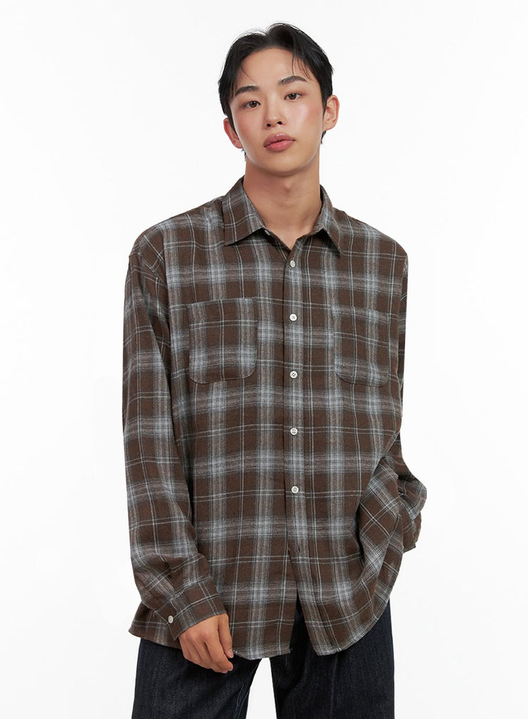 mens-loose-fit-checkered-flannel-in426 / Brown