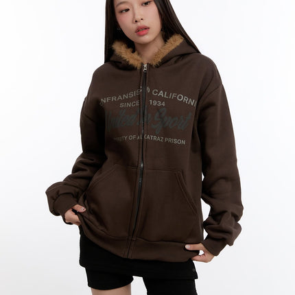 fuzzy-hooded-lettering-sweatshirt-cn421 / Brown