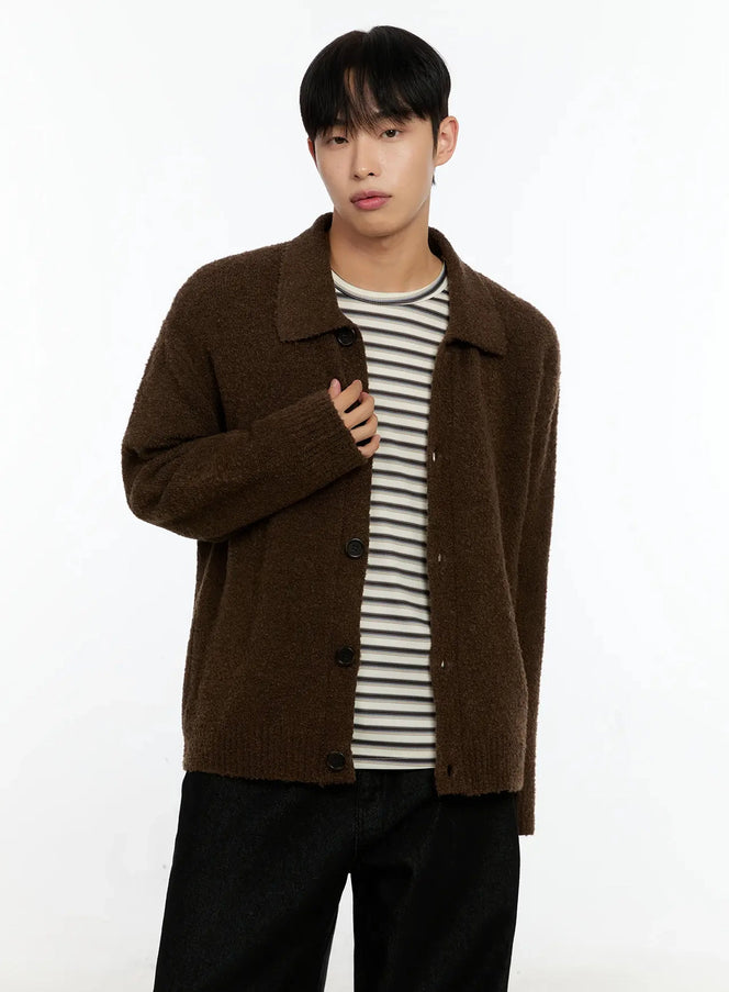 LEWKIN Men's Simple Wool Collar Cardigan IN525 in brown, front upper-body shot on model, bouclé knit with shirt collar and black buttons, layered over stripe tee with black trousers.