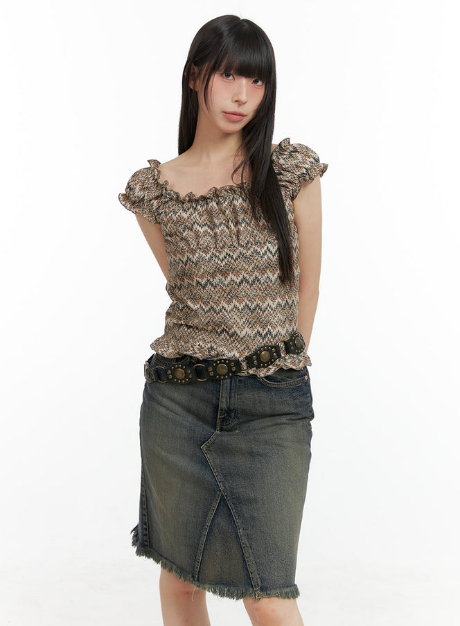 pattern-frill-crop-top-cl422 / Brown