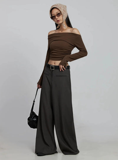 ruched-off-shoulder-crop-top-im520 / Brown