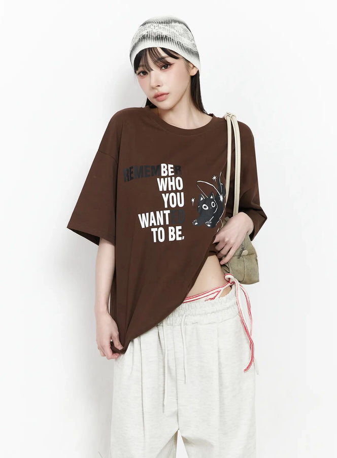 meow-graphic-oversized-tee-iu509 / Brown