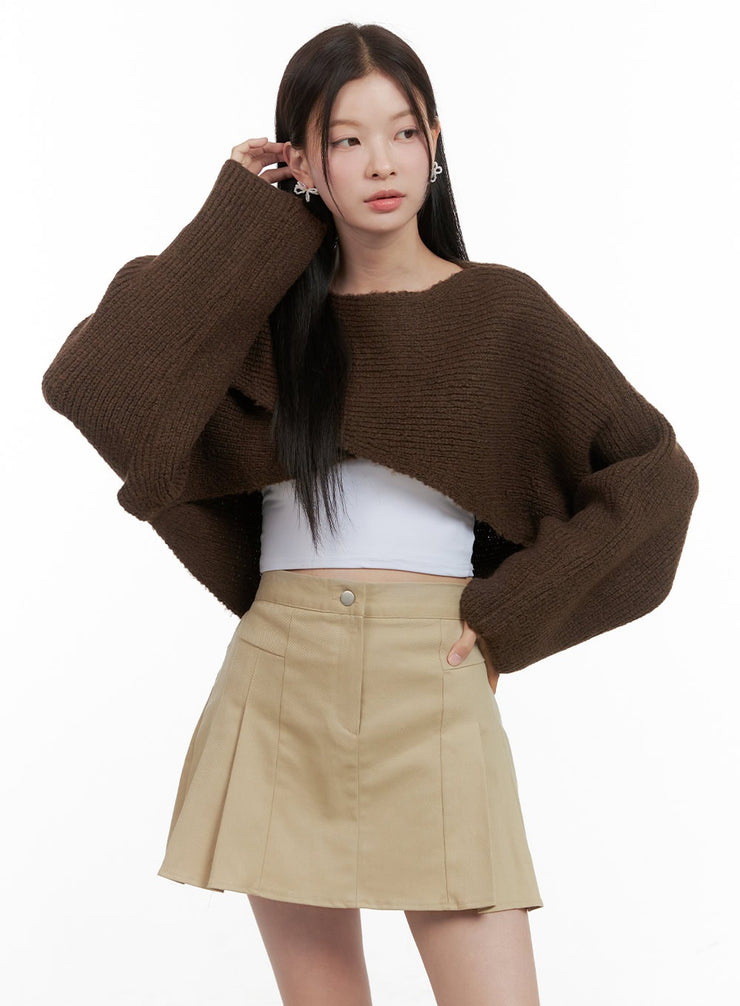 crop-bolero-knit-long-sleeve-top-og416 / Brown