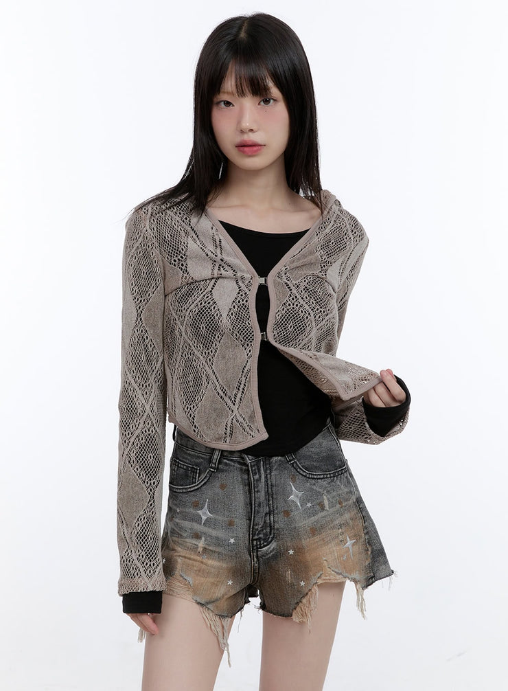 sheer-lace-hook-hooded-cardigan-cg413 / Brown