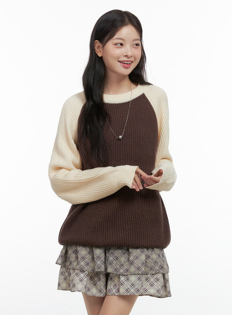 mixed-color-oversize-raglan-sweater-os423 / Brown