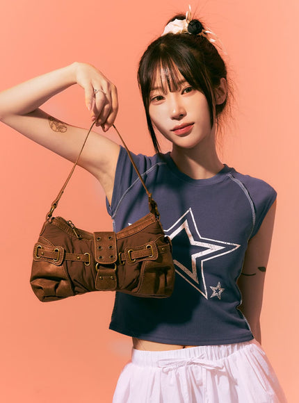 patched-buckle-shoulder-bag-oa426 / Brown