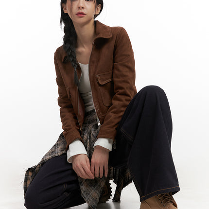 chic-zip-up-suede-jacket-cn426 / Brown