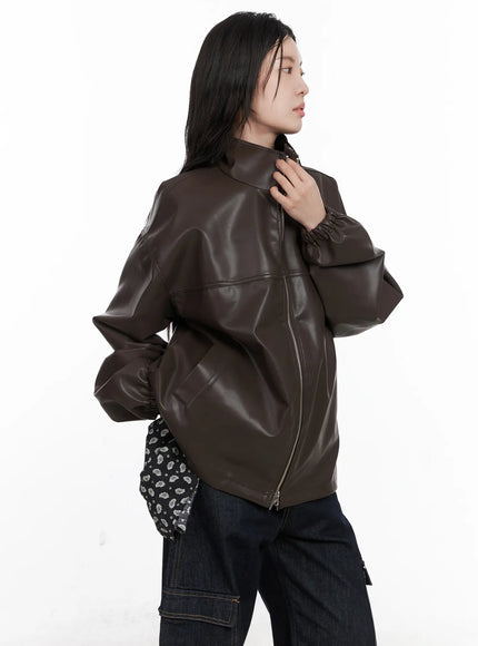 loose-fit-balloon-faux-leather-jacket-cn512 / Brown