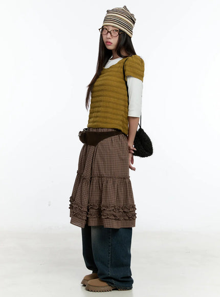 gingham-ruffle-layered-midi-skirt-cs517 / Brown