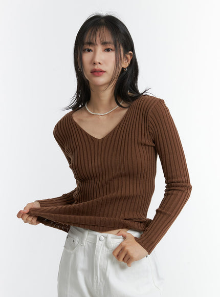 v-neck-wool-rib-sweater-od315 / Brown