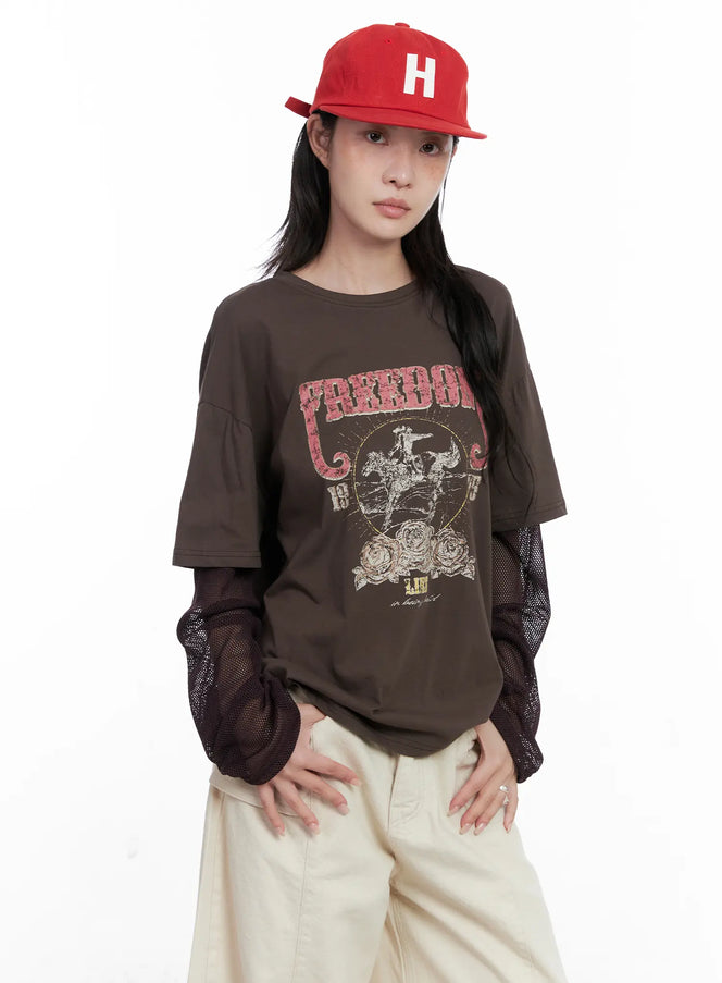 vintage-graphic-layered-long-sleeve-top-cs529 / Brown