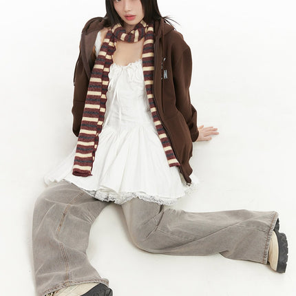 oversized-graphic-print-zip-up-hoodie-cd426 / Brown