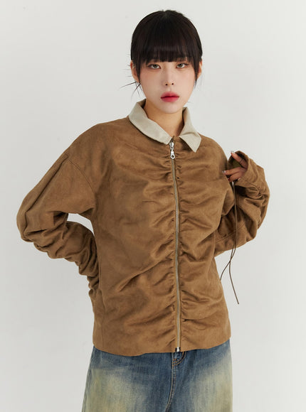 ruched-zip-up-collar-jacket-co319 / Brown