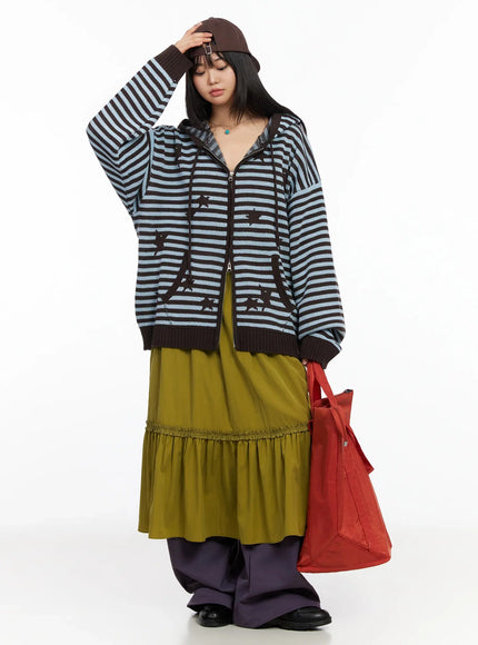 striped-star-pattern-zip-up-hoodie-ia523 / Brown