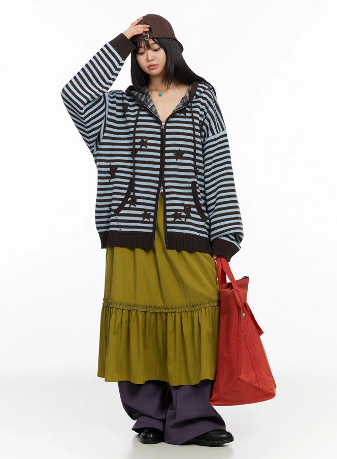 striped-star-pattern-zip-up-hoodie-ia523 / Brown