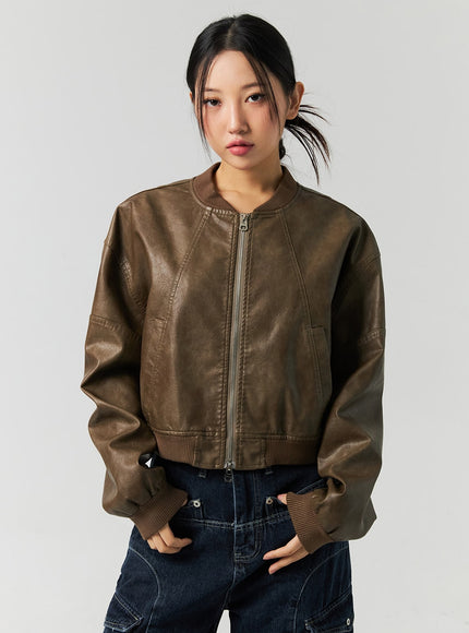 vintage-faux-leather-bomber-jacket-co323 / Brown