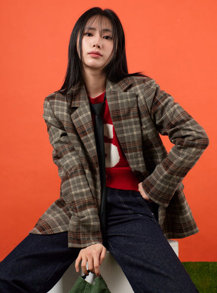 vintage-oversized-checkered-blazer-of405 / Brown