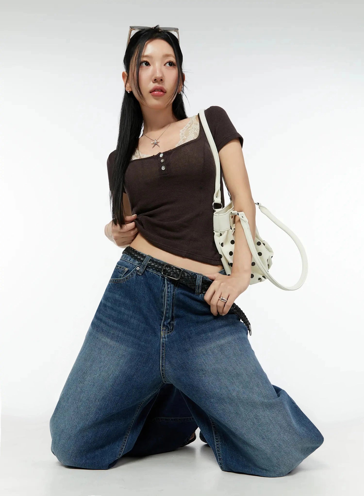lace-trim-square-neck-top-iu522 / Brown