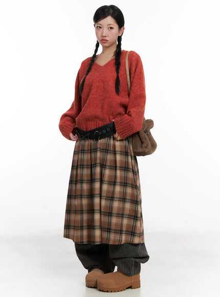 checkered-maxi-skirt-cn528 / Brown