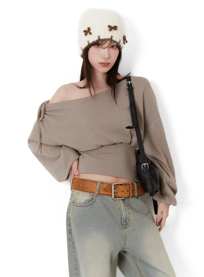 off-shoulder-knit-sweatshirt-ij521 / Dark beige