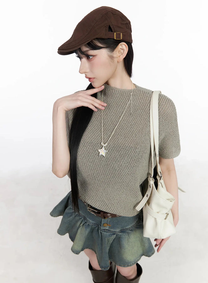 asymmetric-half-neck-knit-top-iu509 / Dark beige