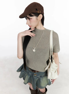 asymmetric-half-neck-knit-top-iu509 / Dark beige