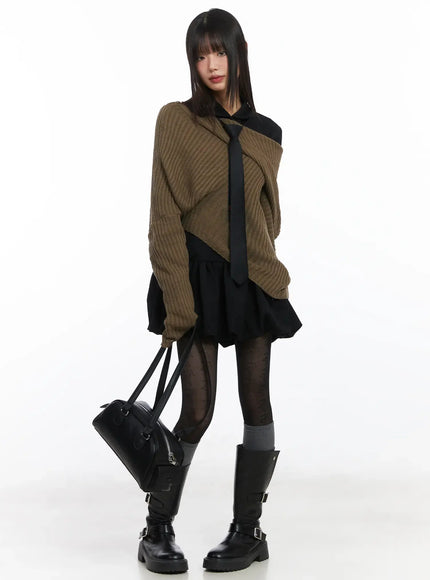 asymmetric-off-shoulder-knit-top-cd518 / Dark beige