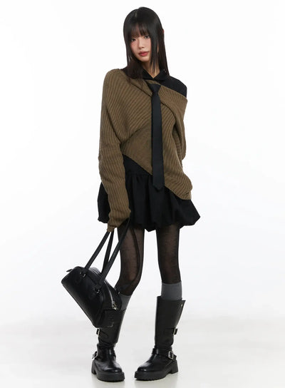 asymmetric-off-shoulder-knit-top-cd518 / Dark beige