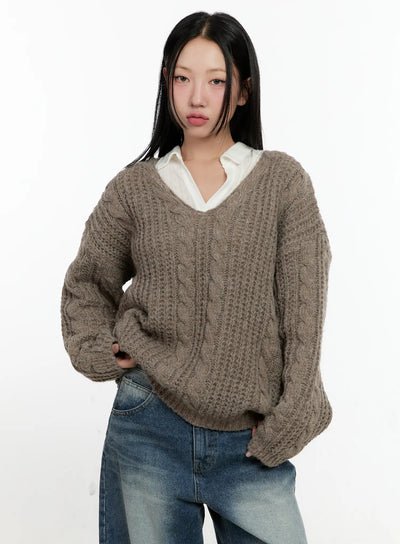 cozy-cable-knit-oversized-v-neck-sweater-cn505 / Dark beige