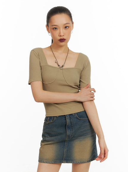 ribbed-slim-fit-square-neck-top-ia417 / Dark beige