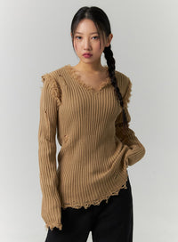 v-neck-destroyed-knit-sweater-cd307 / Dark beige