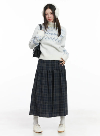 plaid-tiered-maxi-skirt-cj507 / Dark blue
