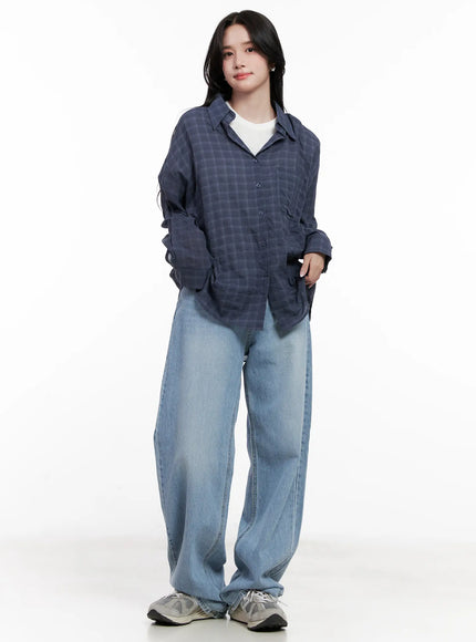 oversized-plaid-button-down-shirt-cl515 / Dark blue