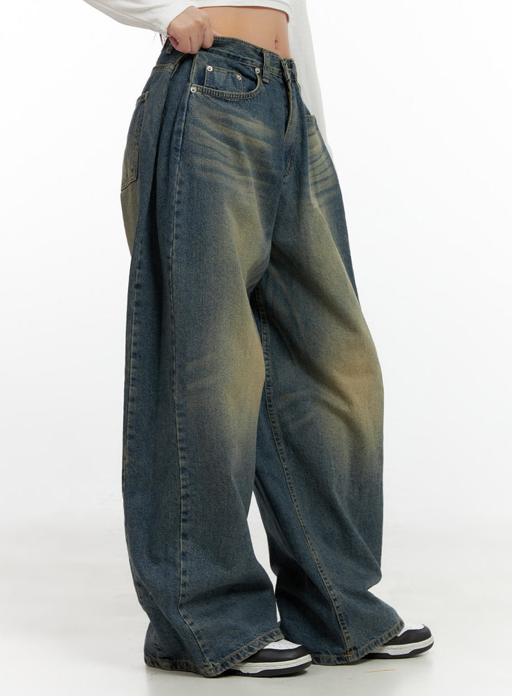 kylie-pintuck-washed-denim-baggy-jeans-cn412 / Dark blue