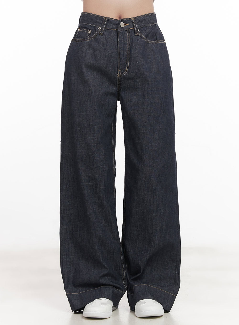 LEWKIN Seline Non-Fade Wide-Leg Jeans CA510 in dark blue, front product shot from waist down, wide cotton denim silhouette with contrast stitching, paired with white sneakers.