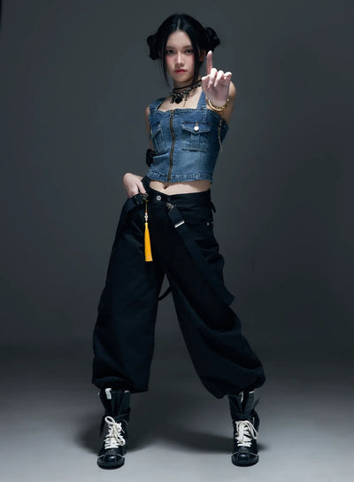 denim-zip-up-sleeveless-top-cs525 / Dark blue