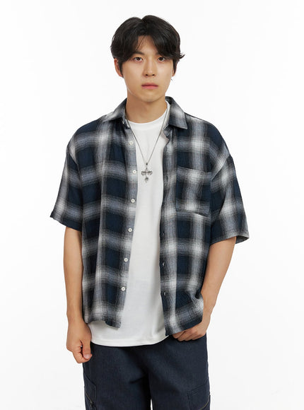 mens-checkered-collar-shirt-ig409 / Dark blue