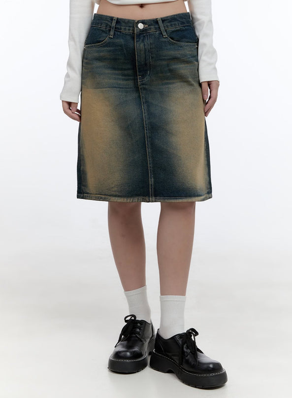 vintage-wash-denim-midi-skirt-cs406 / Dark blue