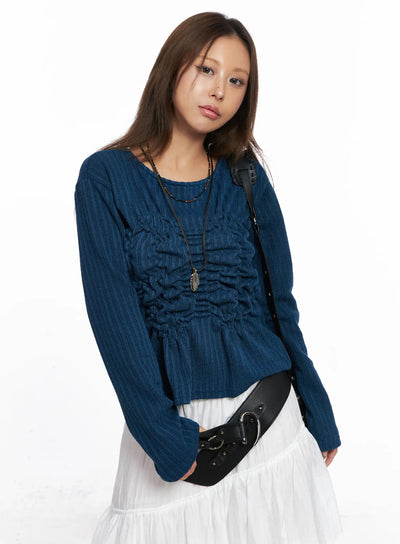 ruffled-ribbed-long-sleeve-top-co510 / Dark blue