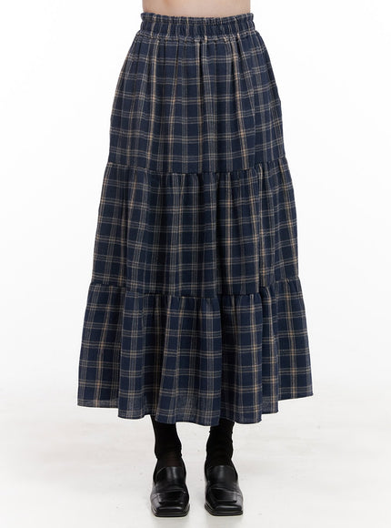 checkered-ruffle-maxi-skirt-od403 / Dark blue