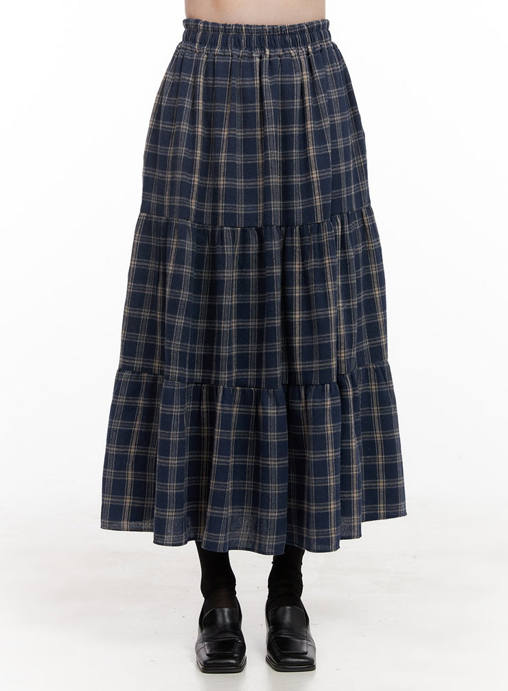 checkered-ruffle-maxi-skirt-od403 / Dark blue