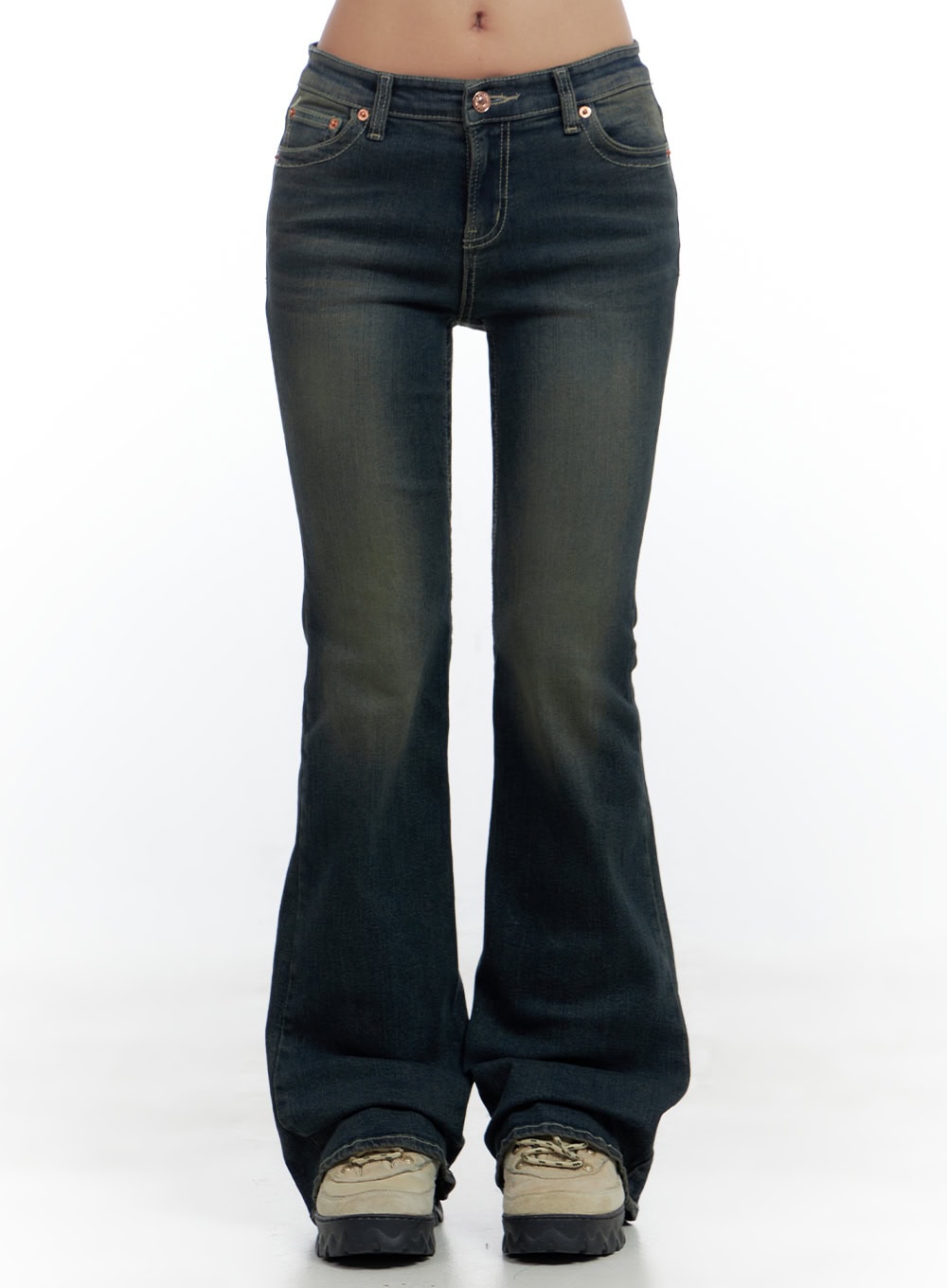 LEWKIN Aspen SlimFit Washed Bootcut Denim Jeans CS424 in dark blue, front crop shot on model, low-rise slim fit with washed finish, copper-tone buttons, bootcut flare hem, paired with chunky sneakers.