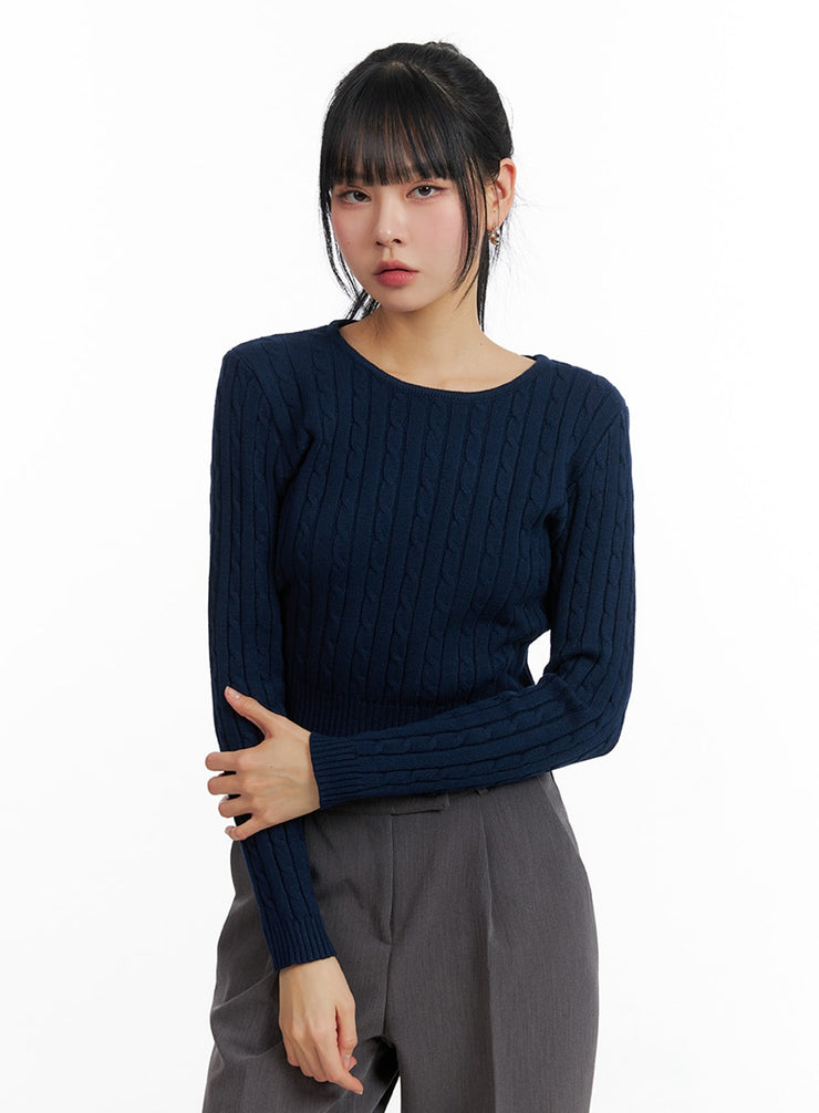 round-neck-cable-knit-sweater-if402 / Dark blue