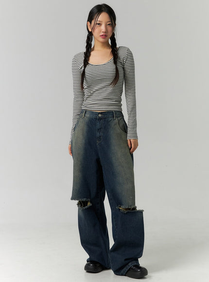 destroyed-washed-wide-leg-jeans-cn324 / Dark blue