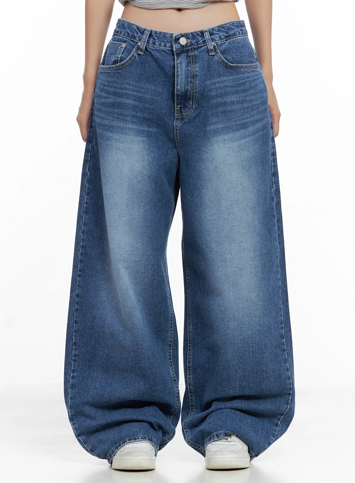 LEWKIN Hayoung Washed Wide-Leg Denim Jeans CL509 in dark blue, front view on model, mid-rise waist with button closure, ultra-wide cotton leg, washed finish, styled with white sneakers.