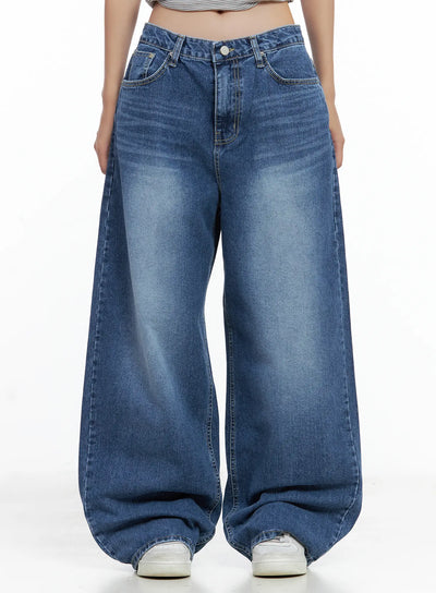hayoung-washed-wide-leg-denim-jeans-cl509 / Dark blue